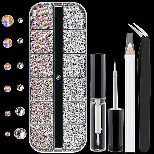 Colorful Face Gems for Makeup Set, Flatback Gorgeous Charming AB&Clear Glass Gems with Tweezer+Picker Pencil+Makeup Glue for Eye Hair Body Make-up and Nail Art Deco