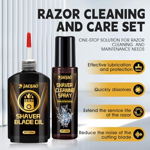 JAOJAO Shaver Cleaning Solution, Electric Shaver Oil Lubricant Electric Razor Cleaning Solution with Brush Deep Cleans and Lubricates Extends Razor Life Universally Compatible for Clipper Blades