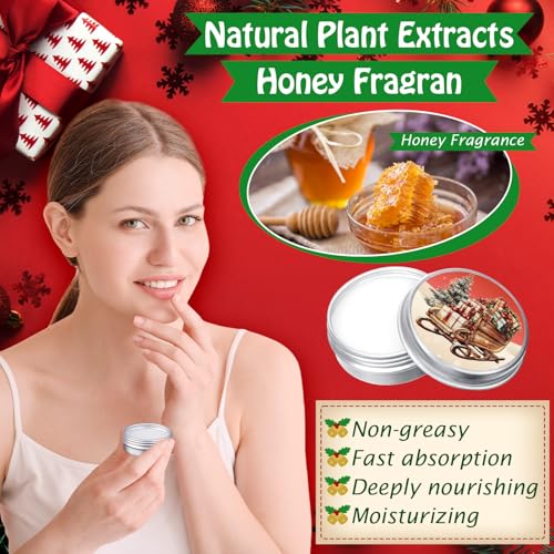 48 Set Canned Christmas Lip Balms Set Round Honey Christmas Moisturizing Moisturizer Lip Care Balm Party Favors with Bag Card for Xmas Holiday Stocking Stuffers Employee Appreciation Gifts