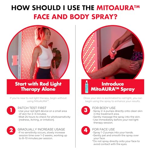 Mito Red Light - MitoAURA¢â: Red Light Therapy-Enhancing Face & Body Spray- Light-Responsive Glow Spray with Copper Peptides & Blue Spirulina - Boost Radiance, Firmness & Skin Vitality- 4 FL OZ