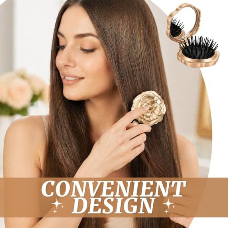 12 Pcs Mini Hair Brush Set with Mirror – Champagne Gold Compact
