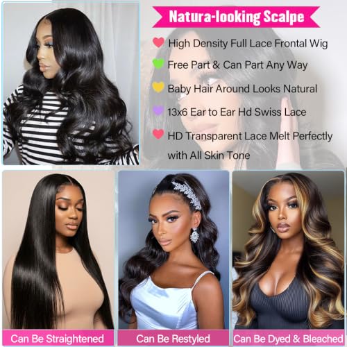 Black 30 Inch Body Wave Human Hair Wigs 13x6 Lace Front 180% Density