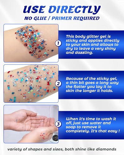 6-Piece Red White Blue Glitter Gel Set for Face & Body