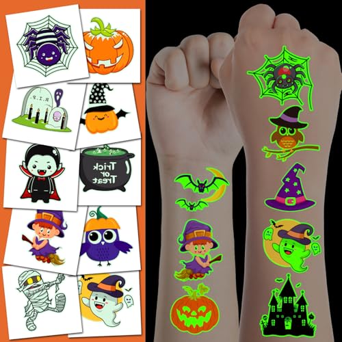 Glow in Dark Halloween Temporary Tattoos for Kids, 102 Designs