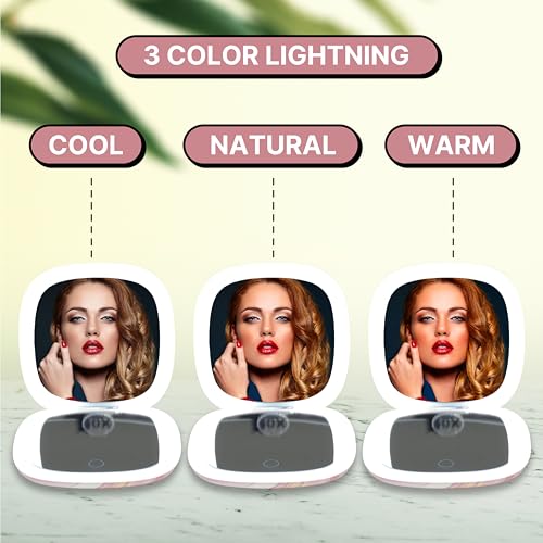 Lighted Makeup Compact Mirror, 3.9 Inch ? 1x/10x Magnification Portable, LED ? Auto Light On/Off - USB Charging, (Blush Marble)