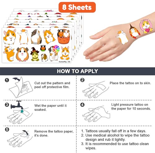 96 Guinea Pig & Hamster Temporary Tattoos - 8 Sheets