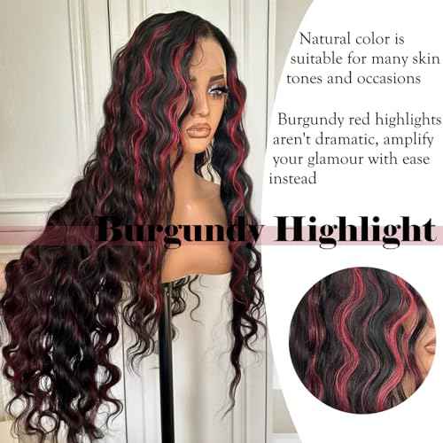 X-TRESS Red Highlight wig Synthetic Lace Front Wigs 30 Inch Loose Deep Wave Lace Frontal Wigs Pre Plucked Natural Black Deep Wave Wigs with Burgundy Highlight for Black Women with Baby Hair