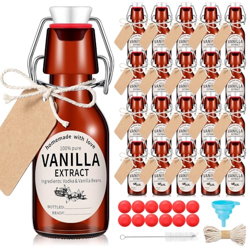 Vesici 20 Pack Amber 4 oz Swing Top Glass Bottles with Accessories for Vanilla Extract