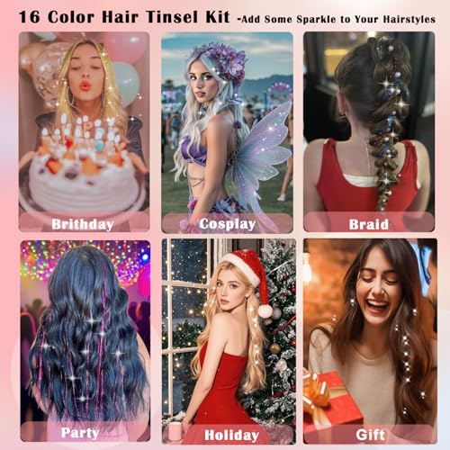 Hair Tinsel Kit 7600 Strands 16 Colors with Tools