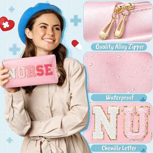 CY2SIDE NURSE Letter Makeup Bag - Gradient Pink Chenille Letter Patch Cosmetic Bag Pink PU Leather Patch Travel Pouch Waterproof Portable Zipper Travel Organizer Case Xmas Gifts for Nurse Women