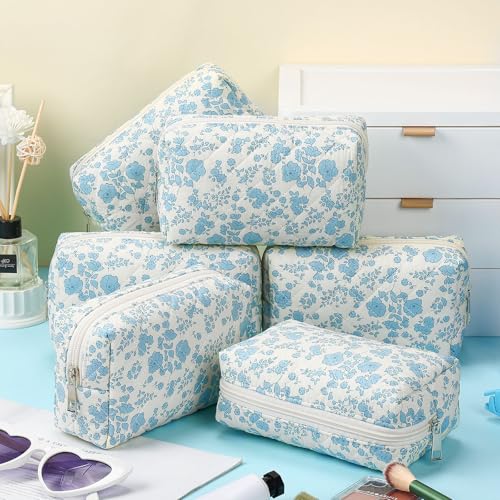Paterr 6-Pack Quilted Cotton Makeup Bags Set - Bridesmaid Gift