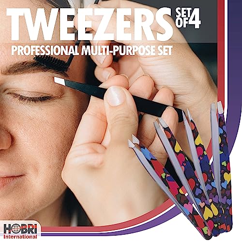 Tweezers Set, Eyebrows Tweezers Set Professional Stainless Steel Tweezers Set - 4 Pieces with Leatherette Travel Case Perfect for Facial Hair, Beauty and Personal Care Tool (Heart Style)