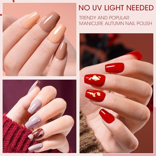 GELLEN Neutral-Warm Fall Winter Nail Polish Set - 6 Nude Red Brown Shades, No Lamp Needed, HEMA Free