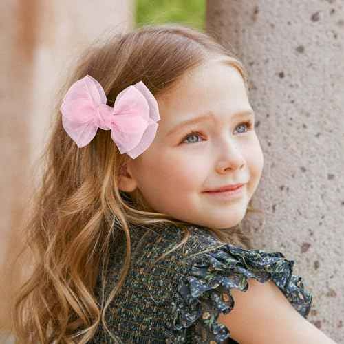 Pink Hair Bows Barrettes Mesh Bow Clips 4" Organza Double Tulle Bowknot Hairpins Handmade Birthday Dress outfit Decor Accessories Gift for Teens Toddler Girls Children Kids Women