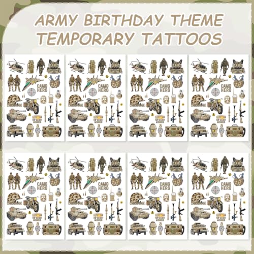 Army Temporary Tattoos - 8 Sheets Military Tattoo Stickers, Soldiers Aircraft Tanks Helicopter Army Birthday Party Prizes Rewards Gifts Party Favors