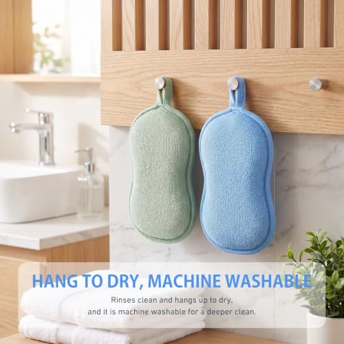 Baby Bath Sponge 2 Pack - Soft Kids Exfoliating Washcloths for Toddler Bathing, Green & Blue