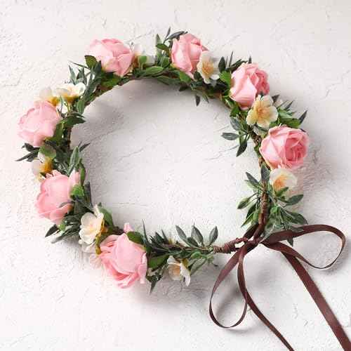 Pink Flower Crown Headband - Rose Floral Headpiece Adjustable Fairy Flower Crown for Women Girls Renaissance Birthday Wedding Party Photo Props