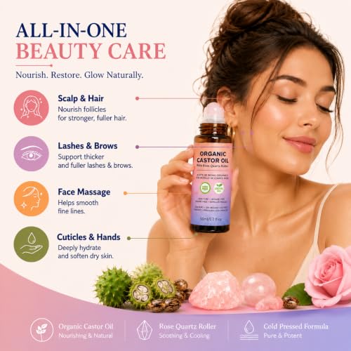 Organic Castor Oil Roll-On with Rose Quartz Roller, 1.7 fl oz