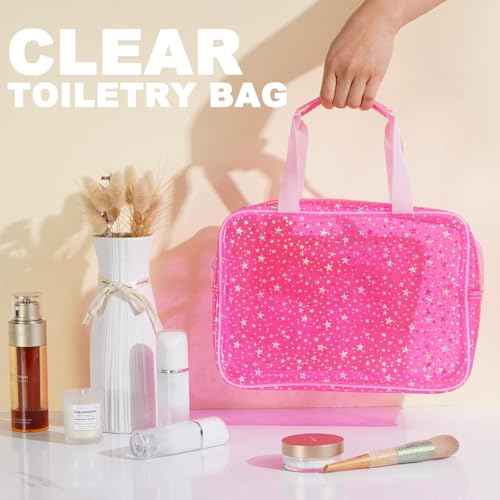 PVC Clear Makeup Bag for Women Waterproof Star Make Up Bag Toiletry Bag Travel Durable Cosmetic Bag Large Cute Tote Bag Organizer Makeup Pouch, Pink