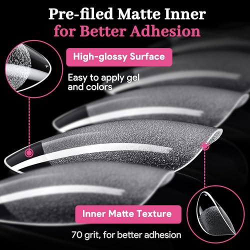 Short Almond Nail Tips - 240 PCS, 15 Sizes, Pre-Matte Clear Press On