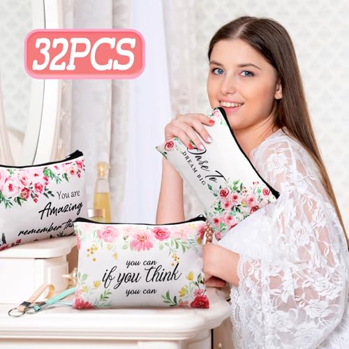Hillban 32 Pcs Canvas Cosmetic Bag Bulk with Inspirational Quotes