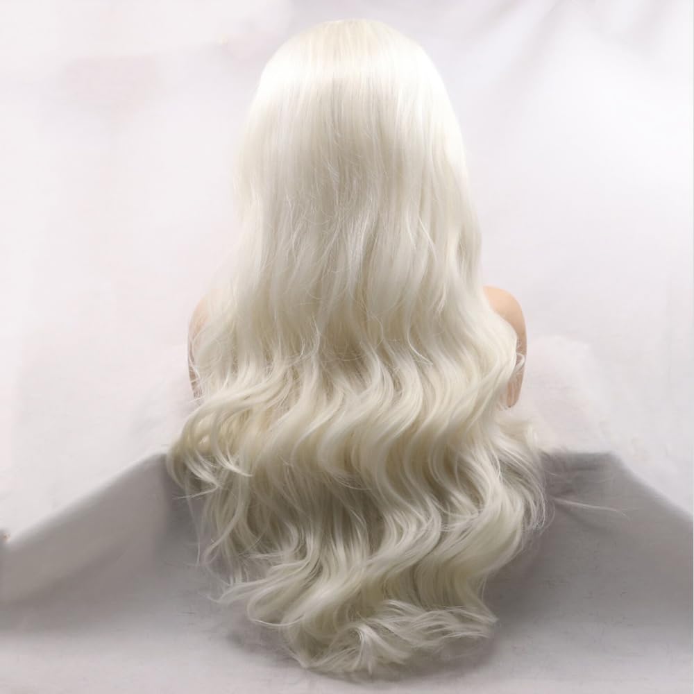 xiweiya White Wigs Long Body Wave Loose Curly Platinum Blonde Synthetic Lace Front Wig 13x3 Lace Wigs Natural Hairline Heat Resistant Fiber Half Hand Tied Hair Middle Part Wig for Women 24inch