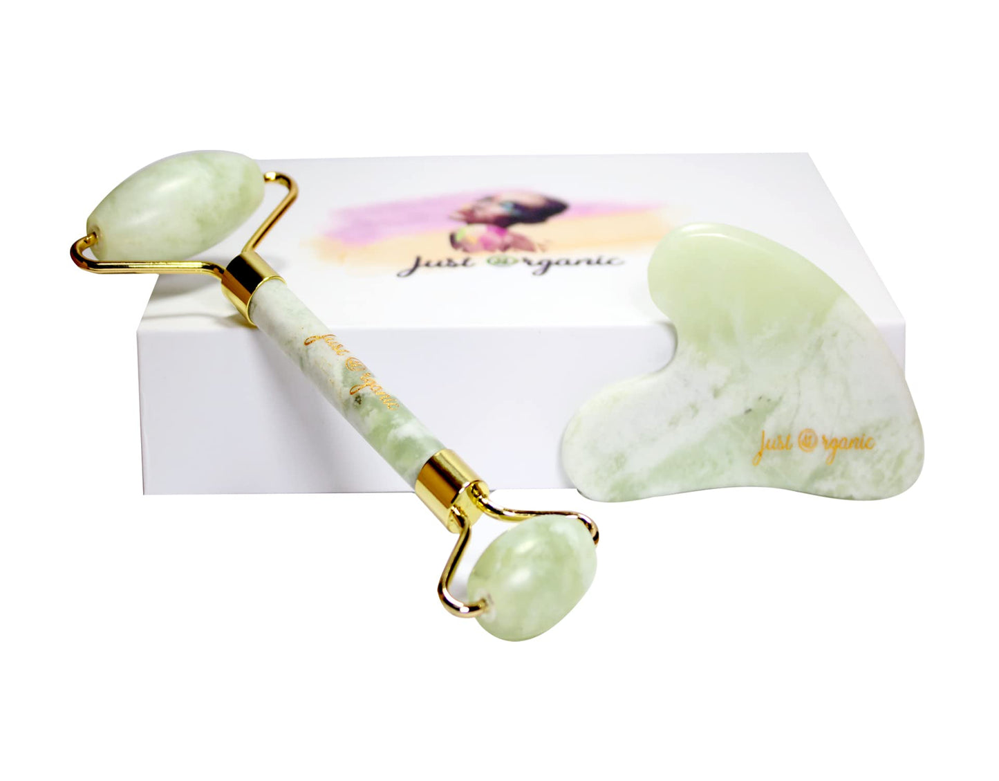 Just Organic Jade Roller & Gua Sha Set Facial Beauty Tools, Face Roller Skin Massager for Face, Neck and Eye Treatment Ice Roller for Skin Care Routine & Puffiness Relief (Green)