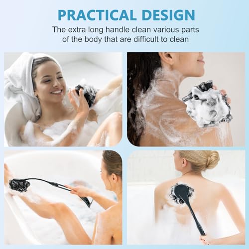 Loofah with Handle, 20.5'' Replaceable Shower Loofah to Improve Skin Health, Body Scrubber, for Women and Men with String for Easy Hanging£¨Dark Black£©