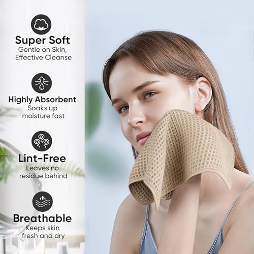 Microfiber Waffle Face Towels, 4 Pieces, Soft, Absorbent, Fast Drying, Lint Free 430 GSM (Beige)