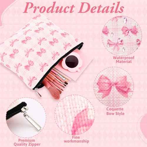 Kacctyen 6 Pack Pink Coquette Bow Makeup Bag Preppy Cosmetic Bags Zipper Pouch Travel Toiletry Bag Pink Trendy Pouch Bag Gift for Coquette Birthday Paty Favor Girls Travel Storage Accessories