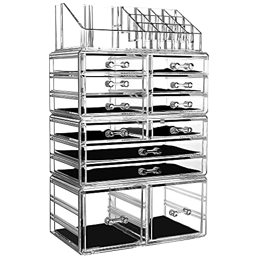 Cq acrylic 4 Pack Clear Makeup Organizer Countertop,Stackable 12 Drawers Skincare Organizer,Cute Skin Care Organizer for Vanity Hair Clip,Jewelry,Beauty Product Desk and Make Up Organizers for Vanity