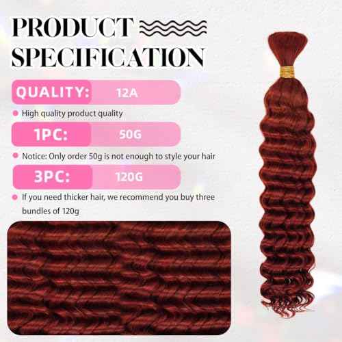 24 Inch Deep Wave Human Braiding Hair for Boho Braids ? 120g 3 Bundles/Pack Copper 350# 100% Unprocessed 12A Brazilian Virgin Human Hair Bulk, No Weft, Wet & Wavy Curly Extensions