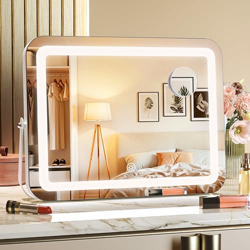 MINISO Vanity Mirror with Lights, 13.8" x 10.6" LED Makeup Mirror, Light & Brightness Adjustment, Smart Sensor, Aluminum Alloy Metal White Frame, with 5X Magnifying Glass
