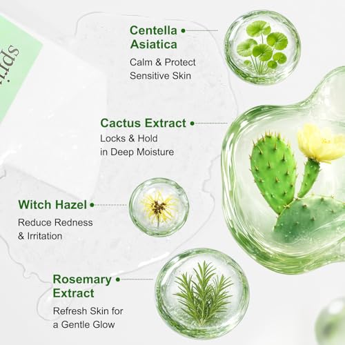 Clean Beauty Facial Sheet Mask, Hydrating Face Mask with Cactus & Centella Asiatica, 24HR Long-Lasting Moisture, Fragrance-Free Gentle for Sensitive Dry Skin, 4 Count