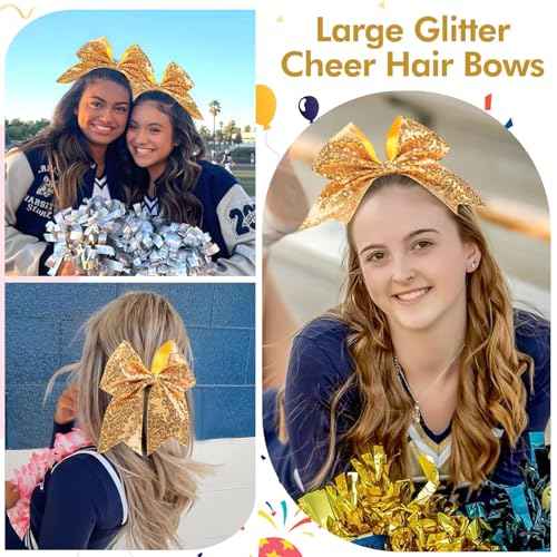 CN 7" Glitter Cheer Hair Bows for Cheerleader Gold Large Ponytail Holder Elastic Band Handmade for Cheerleading Teen Women Girls College Sports 1pcs