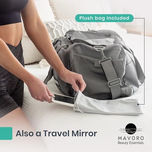 Mavoro 7x9 LED Lighted Rechargeable Travel Mirror | Small Wall Adhesive Mirror | Peel and Stick Wall Mount Lighted Travel Mirror | Real Glass Touch Sensor Vanity Mirror with Stand
