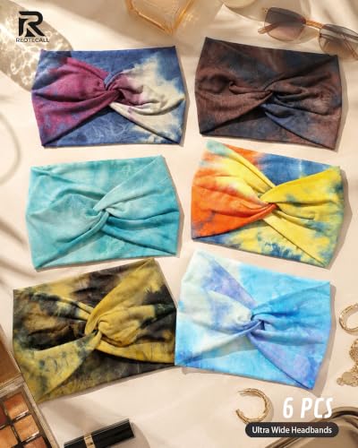 REOTECALL 6 Pack Extra Wide 7.08in Non-Slip Boho Tie-Dye Headbands for Sports Yoga