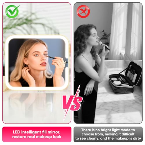 Makeup Box with Detachable Lighted Mirror?Travel Train Case, Cosmetic Storage Organizer & Makeup Suitcase with Adjustable Dividers & Magnetic LED Mirror (Pink)