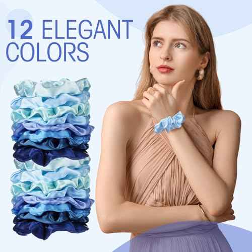 Tatuo 24 Pieces Rainbow Hair Scrunchies Elastic Bands Scrunchy Colorful Hair Ties for Women Girls Gymnastics Birthday Party Favors, Large (Blue Series Color,Satin)