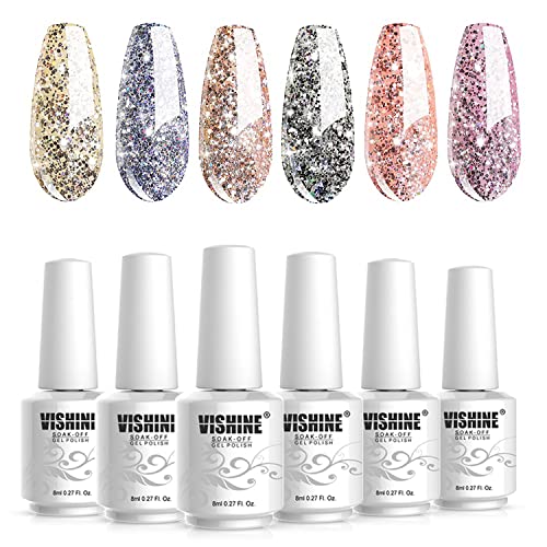 Vishine Platinum Glitter Sparkly Gel Nail Polish Set of 6 Colors Shiny Silver Golden Gel Polish Kit UV LED Soak Off Gel Polish Home DIY Manicure Nail Salon Art Design New Year Holiday Set