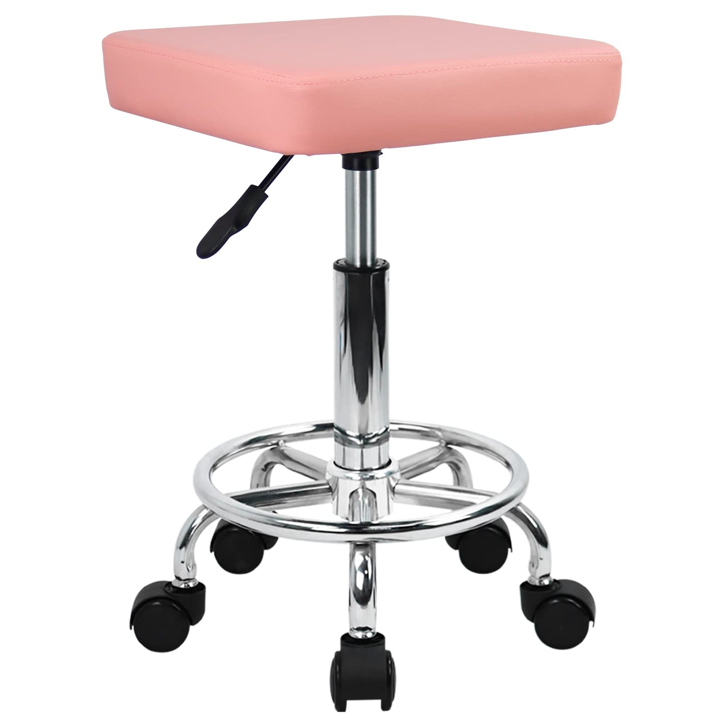 KKTONER Square Rolling Stool with Foot Rest PU Leather Height Adjustable Spa Drafting Salon Tattoo Work Swivel Stools Task Chair Small (Pink)