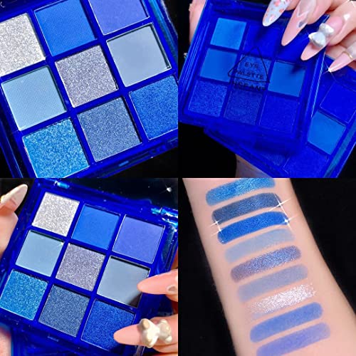 9 Colors Blue Eyeshadow Palette,Mardi Gras Carnival Pressed Pigment Glitter, Corpse Bride Waterproof Eye Shadow Pallete Metallic Silver Matte Shimmer Makeup Powder Long Lasting,Blue