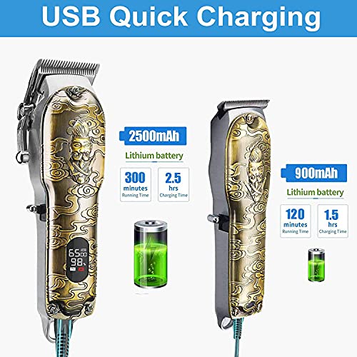 Haircut Clippers and Trimmers Set of 3, Cordless Ornate Hair Clippers for Men Professional Barber Clippers for Hair Cutting Kit with T-Blade Beard Trimmer Set, Knight, LED Display(Gold)