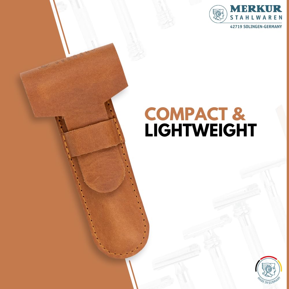 MERKUR Leather Razor Case - Brown Cowhide, Fits All MERKUR Razors Except 24001, Up to 110 mm