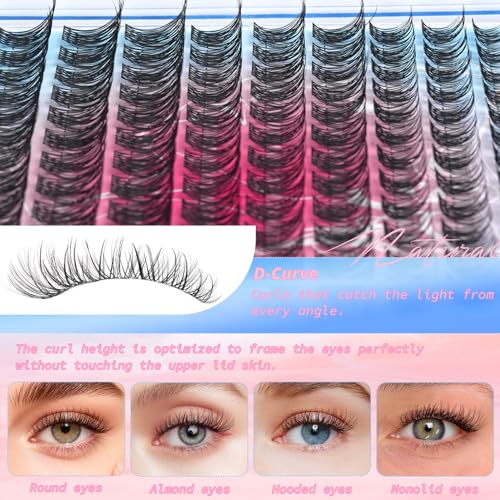 NovaBeryl Natural Wispy Clusters Eyelash Extensions 144pcs D-Curl 8-16mm - Invisible Band, DIY Lash Look
