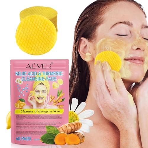 HELTURE Turmeric Kojic Acid Cleansing Pads, 40pcs Turmeric Face Scrub Pads with Vitamin B5, Vitamin C,Turmeric Cleansing Pads for Face, Mild and Non-irritating, Balance Skin Oil and Water