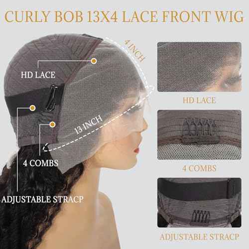 13x4 Lace Front Wig Human Hair Curly Wig 100% Virgin Human Hair Pre Plucked Wigs for Women with Natural Hairline Wet and Wavy Bob Wig 180 Density