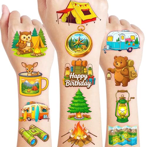 96 Camping Temporary Tattoos for Kids - 8 Sheets