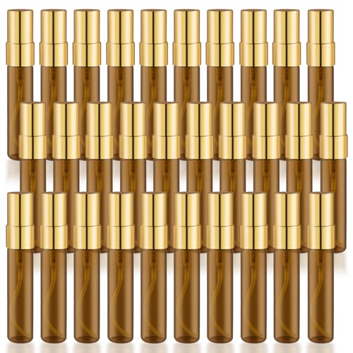 30 Pcs Golden Vials Mini Spray Bottle Amber Glass Fine Mist Perfume Empty Sample Containers with Lids for Travel Cleaning Essential Oils - 5ml/0.17oz