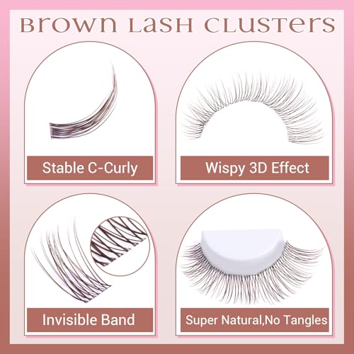 Brown Lash Clusters Kit Natural Dark Brown Eyelash Clusters Wispy Lash Extension Kit Brown Cluster Eyelash Extensions Kit 8-16MM DIY Individual Lashes with Lash Bond and Seal Tweezers by ZANLUFLY